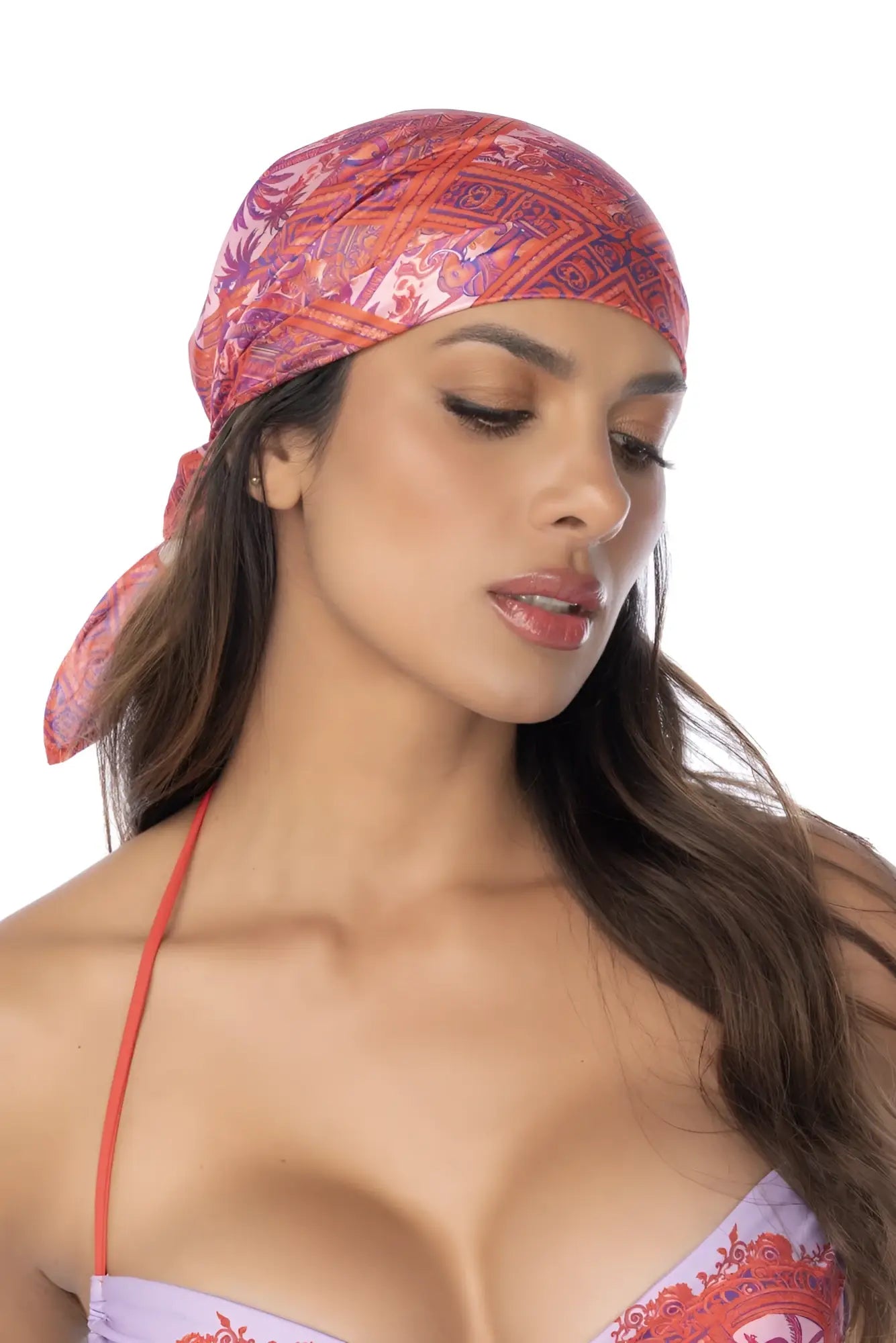 Mapale 47018 all ways scarf in desert mirage color featuring vibrant pink and orange paisley patterned headscarf wrapped snugly