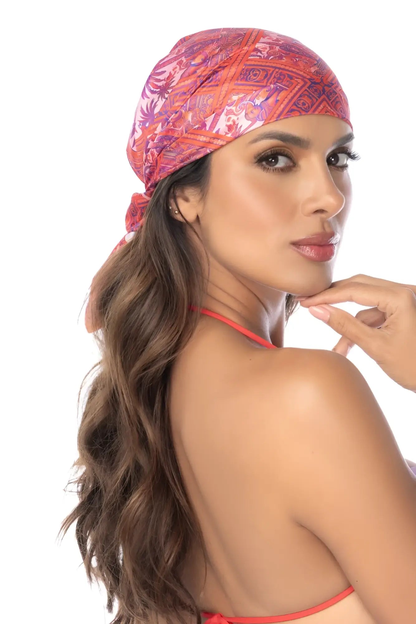 Mapale 47018 all ways scarf in desert mirage features a vibrant pink and purple patterned headscarf with geometric designs