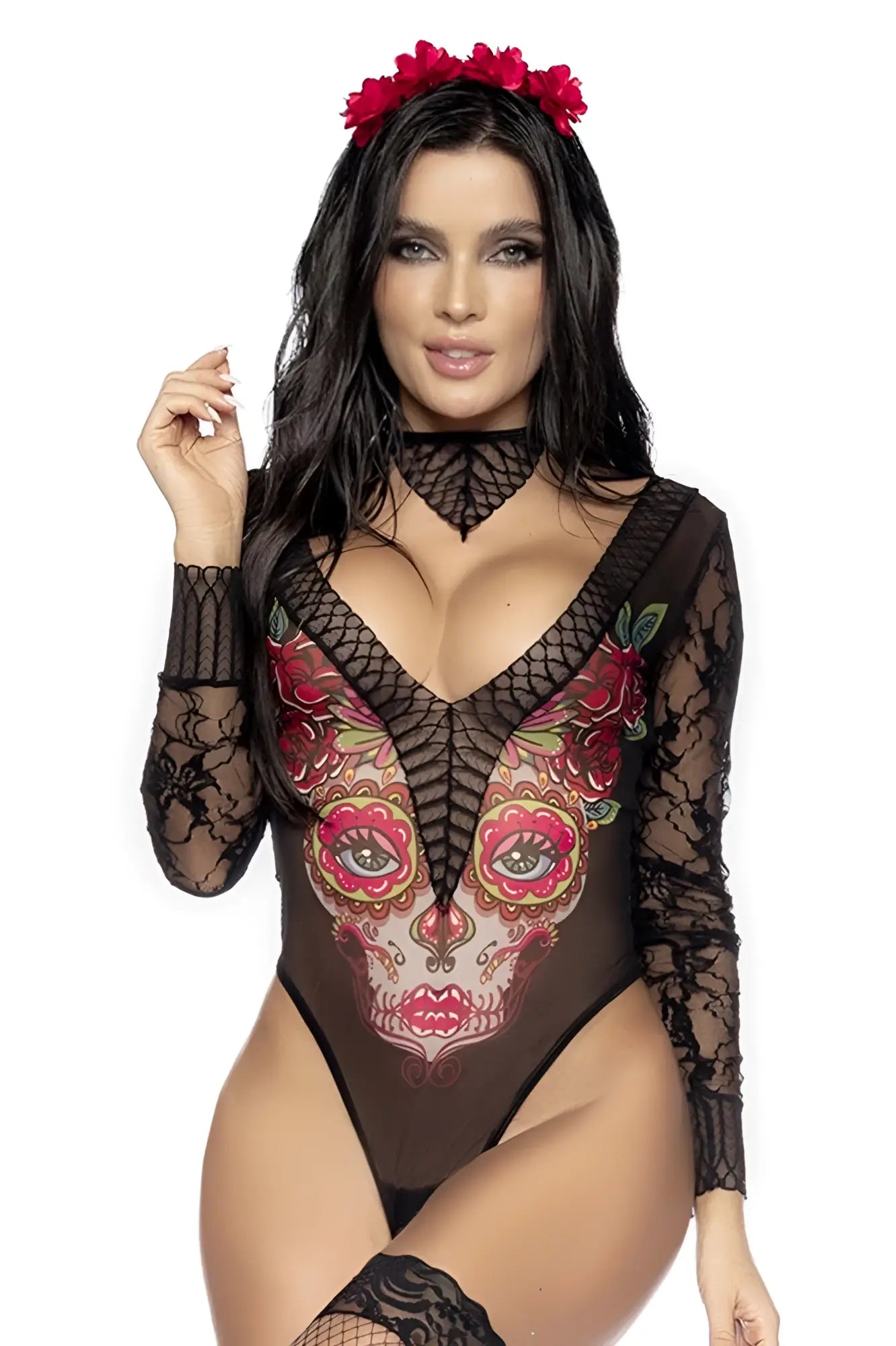 Black lace bodysuit by mapale 60008 featuring vibrant sugar skull and red pink floral accents for sexy catrina look
