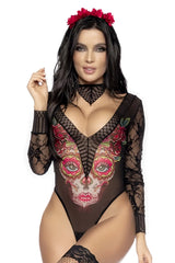 Black lace bodysuit by mapale 60008 featuring vibrant sugar skull and red pink floral accents for sexy catrina look