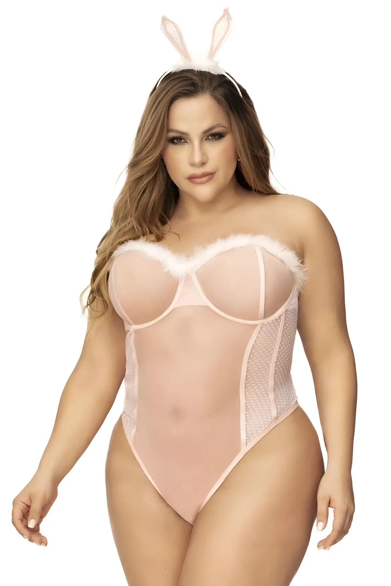 Pink bunny-themed bodysuit with sheer mesh panels and faux fur trim by mapale for a sexy costume look