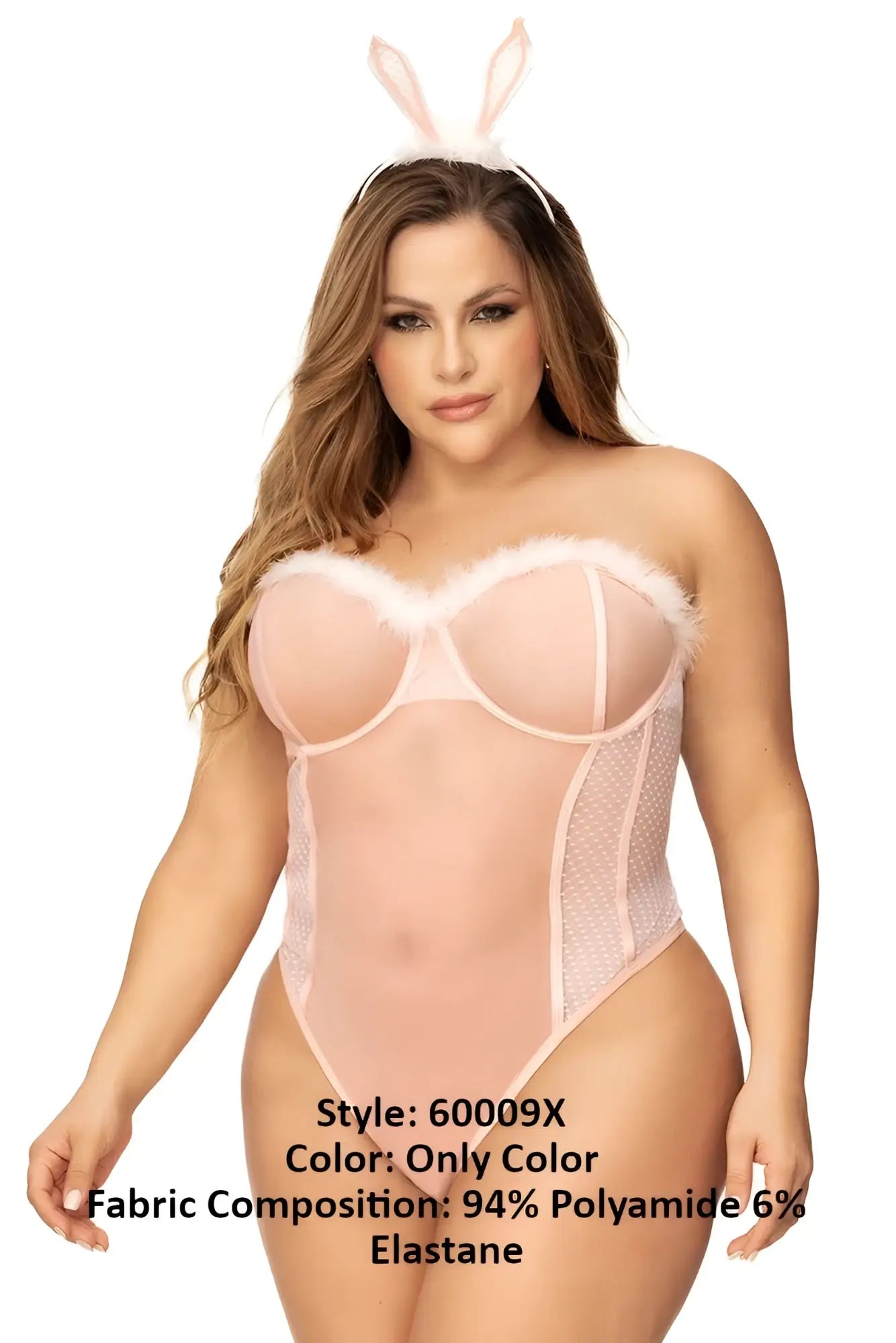 Pink bunny-themed bodysuit by mapale with sheer mesh and faux fur trim in a sexy playful costume style