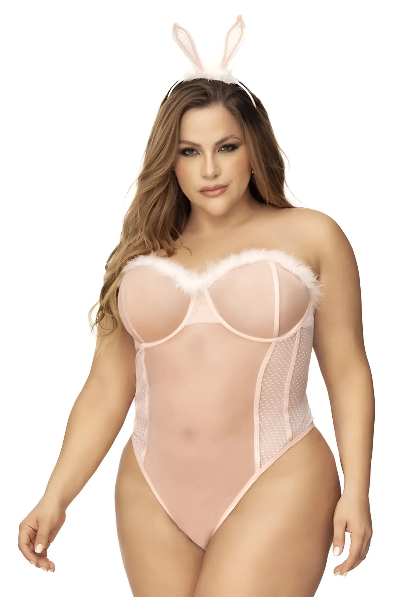 Pink bunny-themed bodysuit with sheer mesh and faux fur trim from mapale 60009x costume collection