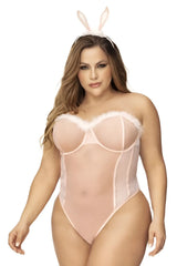 Pink bunny-themed bodysuit with sheer mesh and faux fur trim from mapale 60009x costume collection