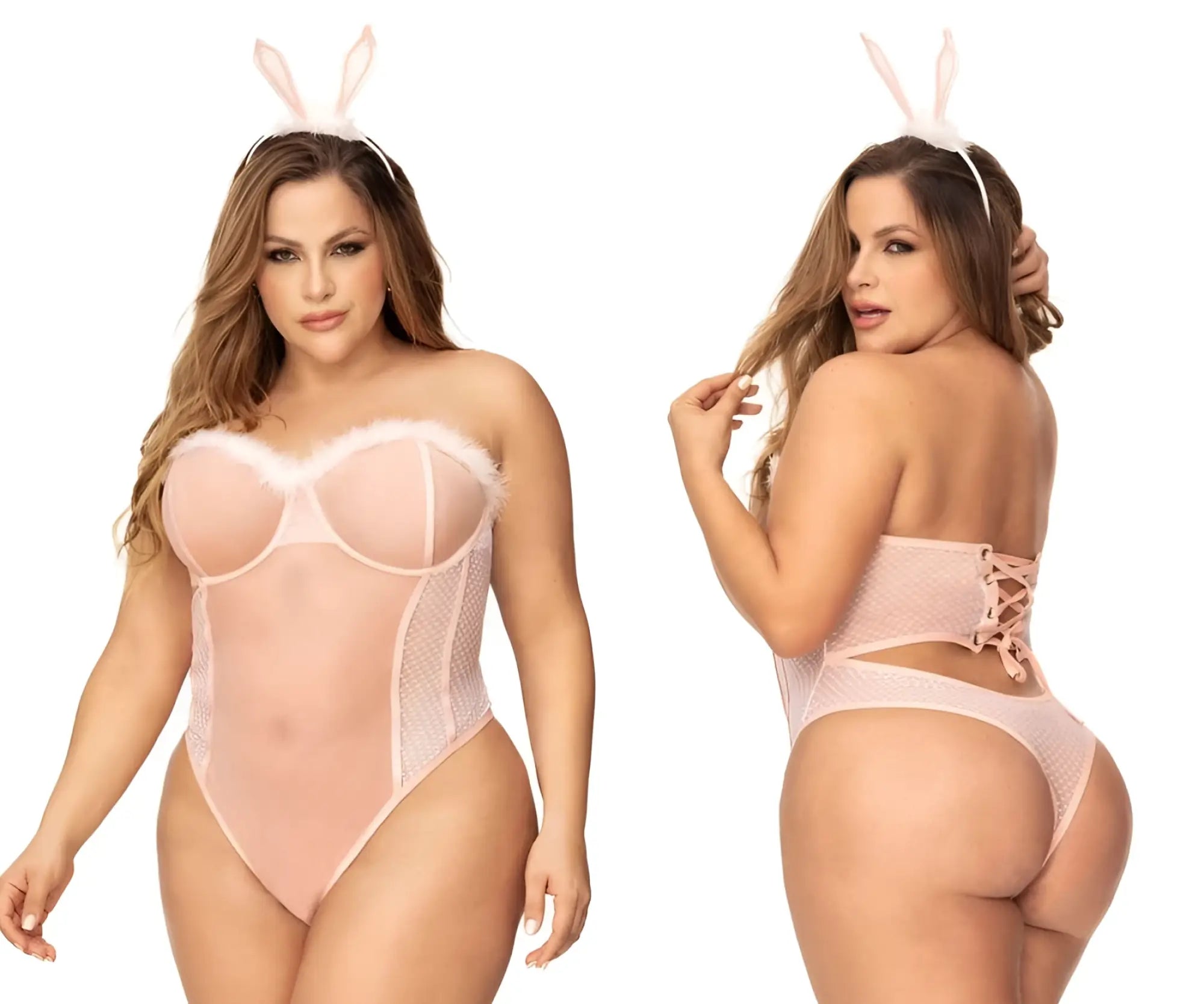 Pink bunny-themed lingerie set by mapale featuring mesh and lace detailing in vibrant pink color for costume wear