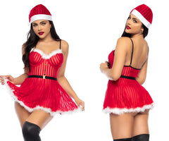 Red santa claus-themed lingerie dress with white fur trim black straps and belt corset-style bodice with vertical stripes