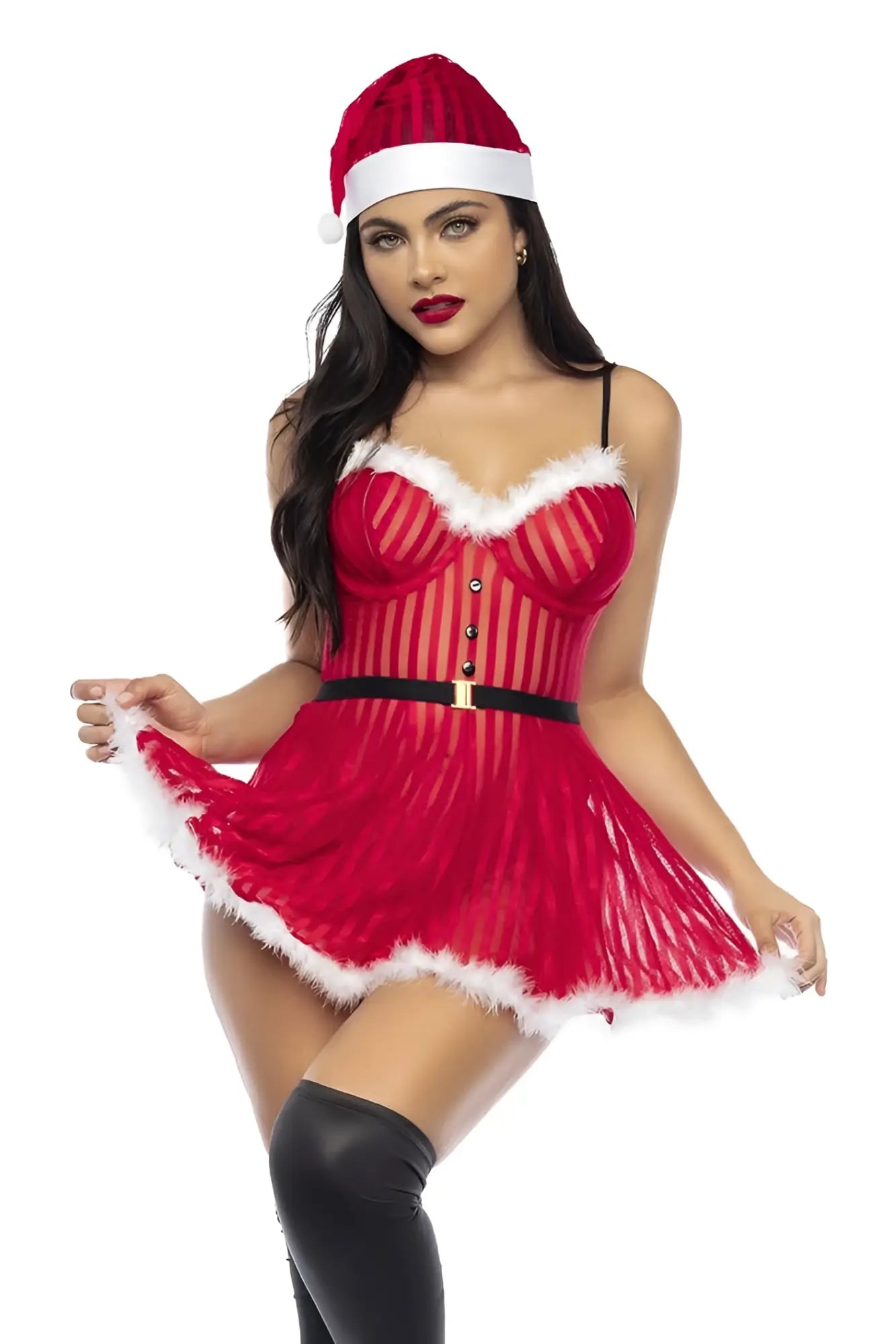 Red santa-themed lingerie costume with white fur trim black belt and thin straps from mapale 60010 mrs claus color only
