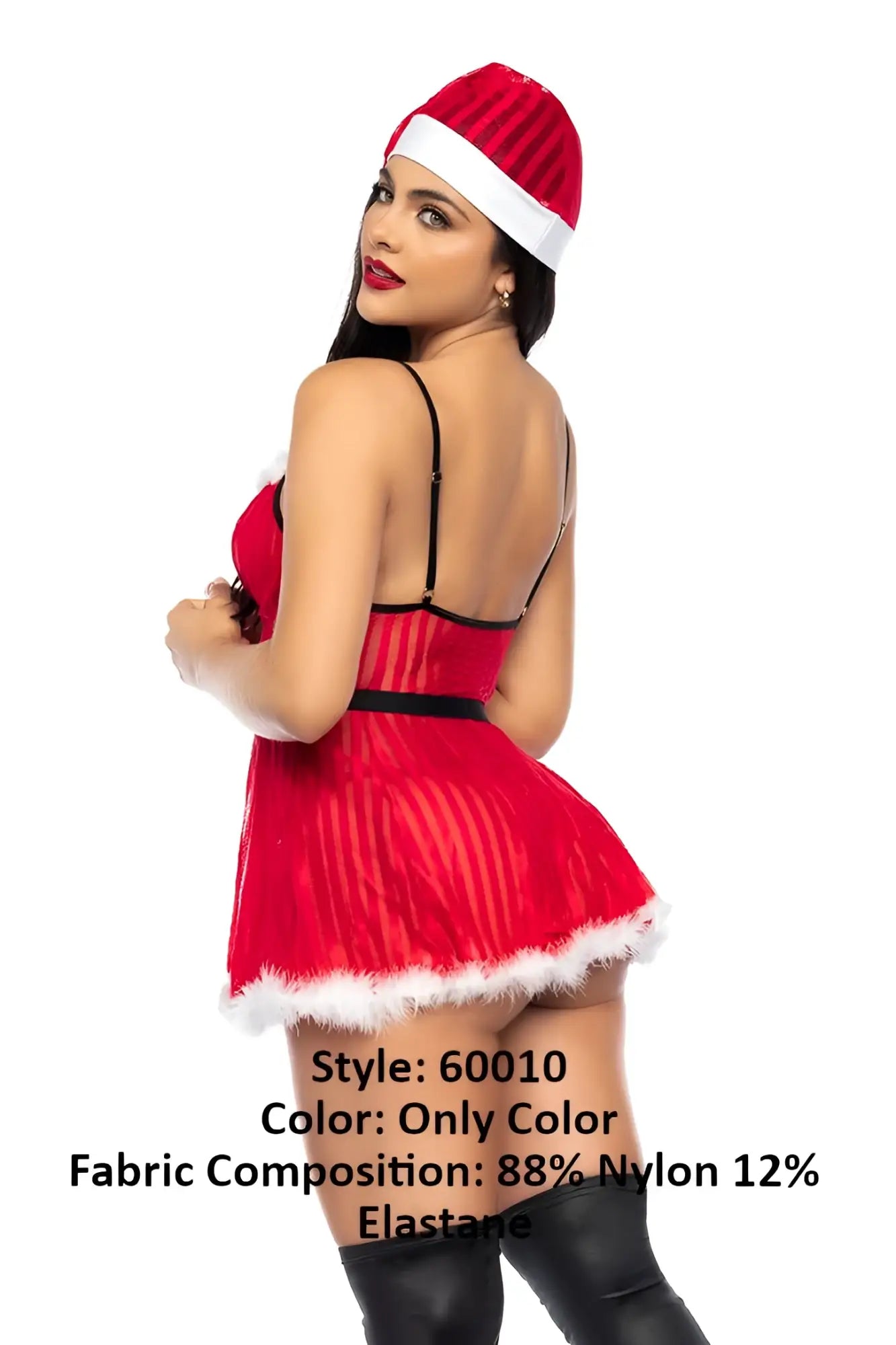 Red santa claus-themed mini dress with black straps and white fur trim made of 88 nylon 12 elastane by mapale