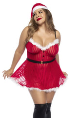 Red santa claus-themed plus-size costume dress with white fur trim black belt and sheer mesh fabric by mapale