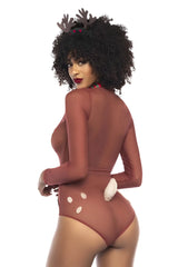 Rear view of mapale 60012 festive brown reindeer-themed one-piece costume with white polka dots and fluffy tail