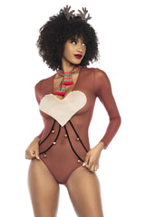 Mapale 60012 sexy babe reindeer one-piece costume in brown with plush white heart and gold jingle bells festive design
