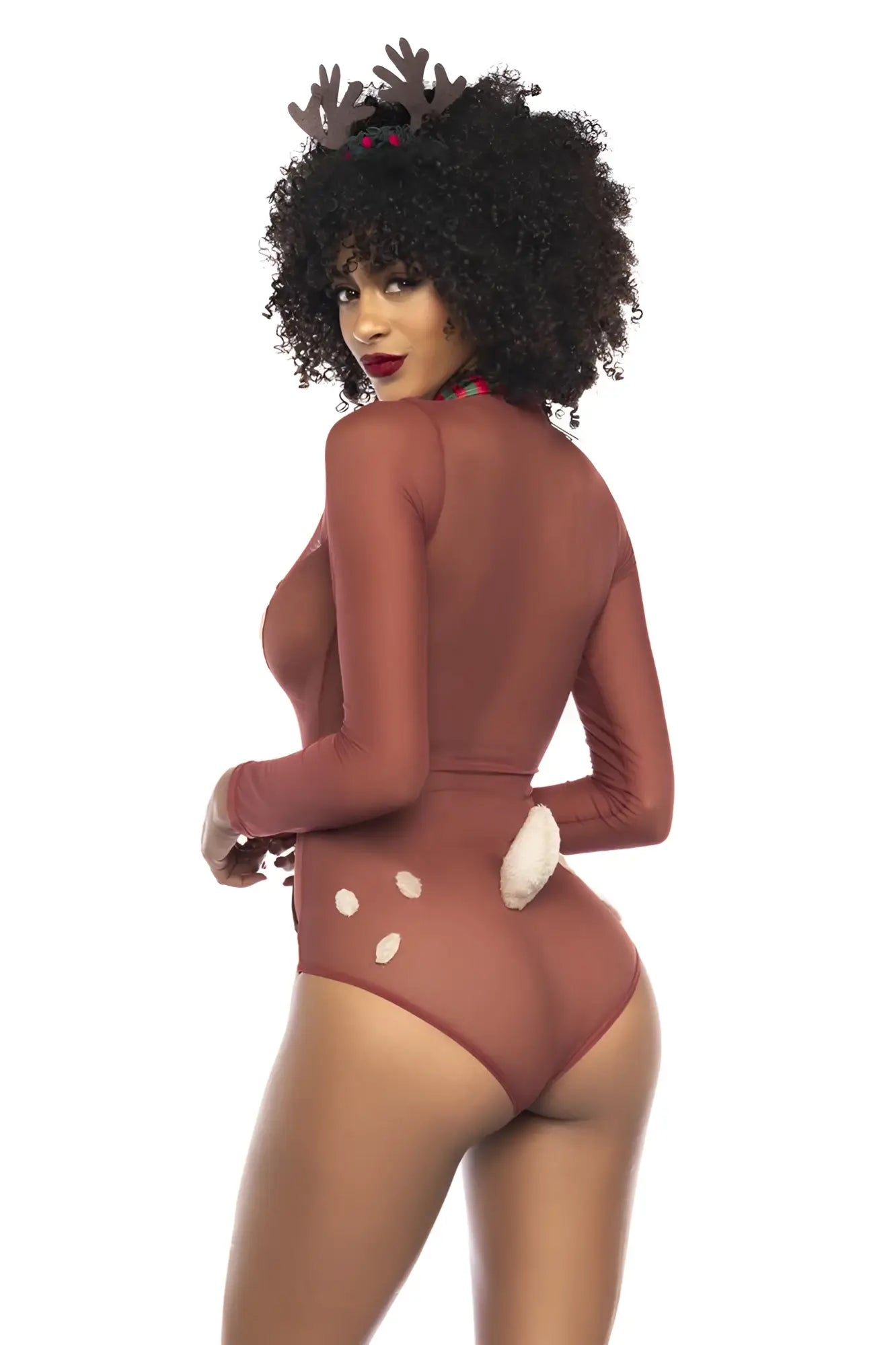 Mapale 60012 sexy babe reindeer costume in brown with white polka dots and fluffy tail with antler headpiece