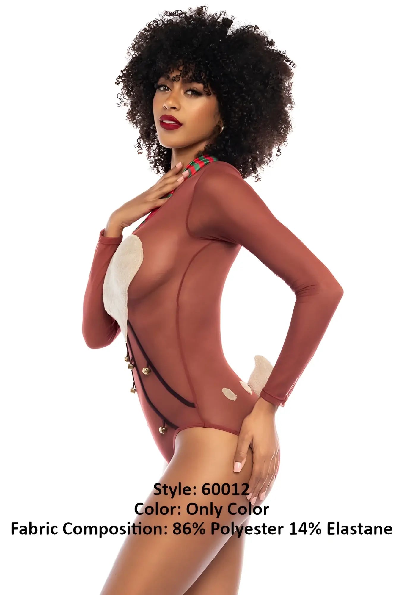 Mapale 60012 costume sexy babe reindeer sheer rust-colored long-sleeved bodysuit with white and black accents