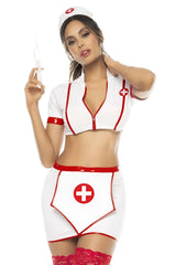 Mapale 60018 big shot white and red nurse costume with shiny trim featuring cropped top and skirt with medical cross symbols