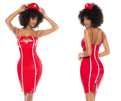 Red latex nurse costume dress with white vertical stripes and cross emblem on chest from mapale 60019 rn costume color only color