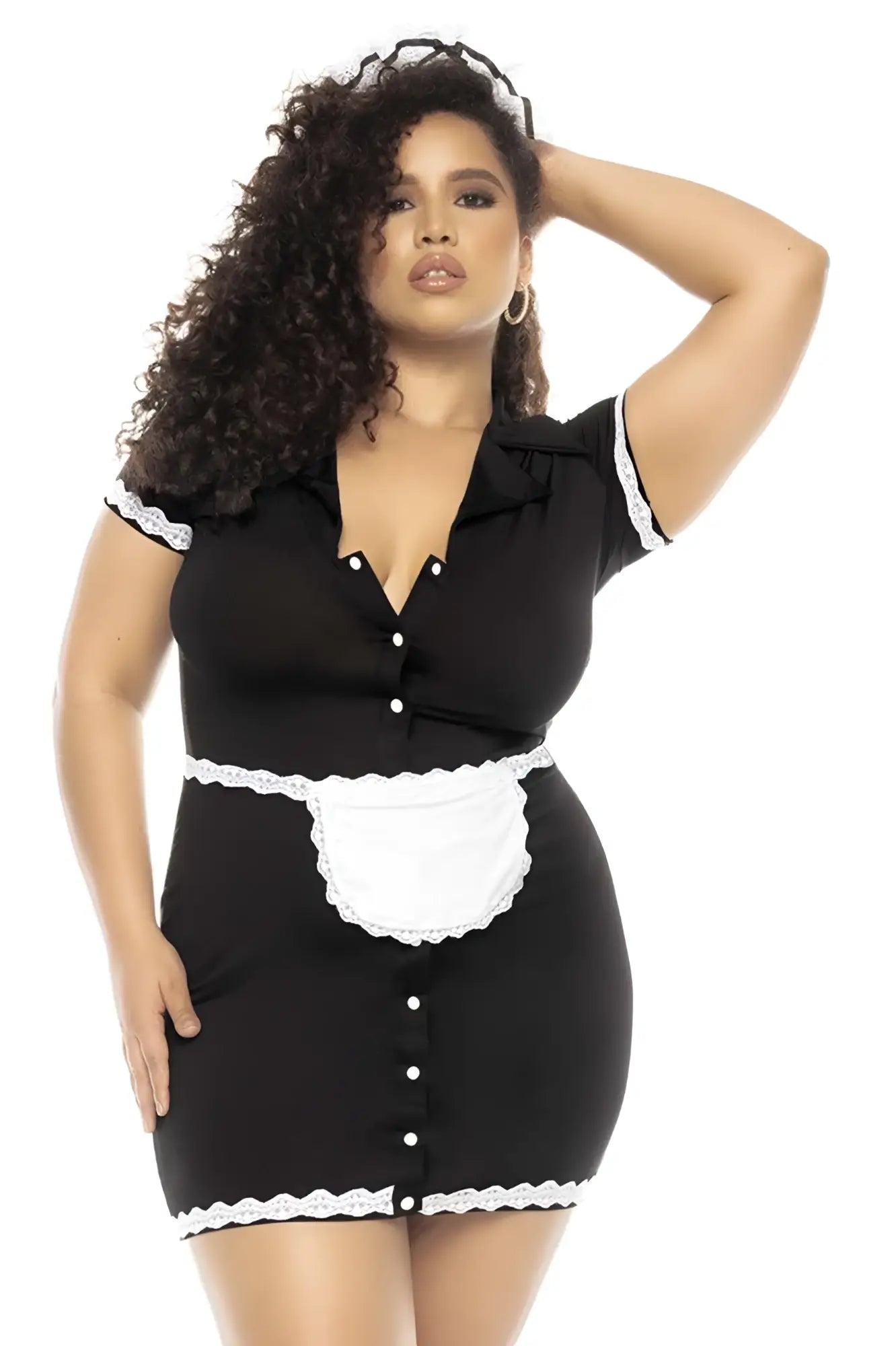 Black short-sleeved maid dress with white lace trim and matching apron from Mapale 60021X flirty French maid costume plus color