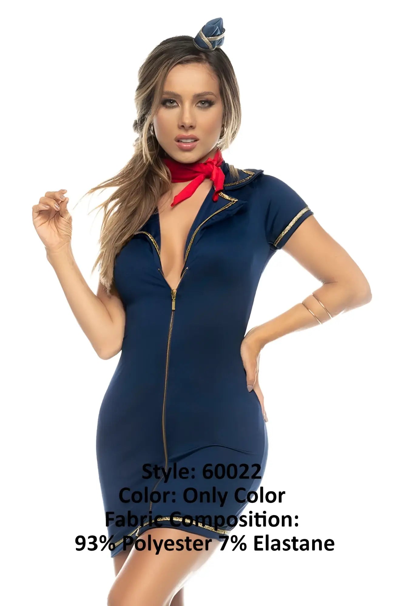 Navy blue short-sleeved flight attendant costume dress by Mapale with gold zipper trim and red scarf accessory