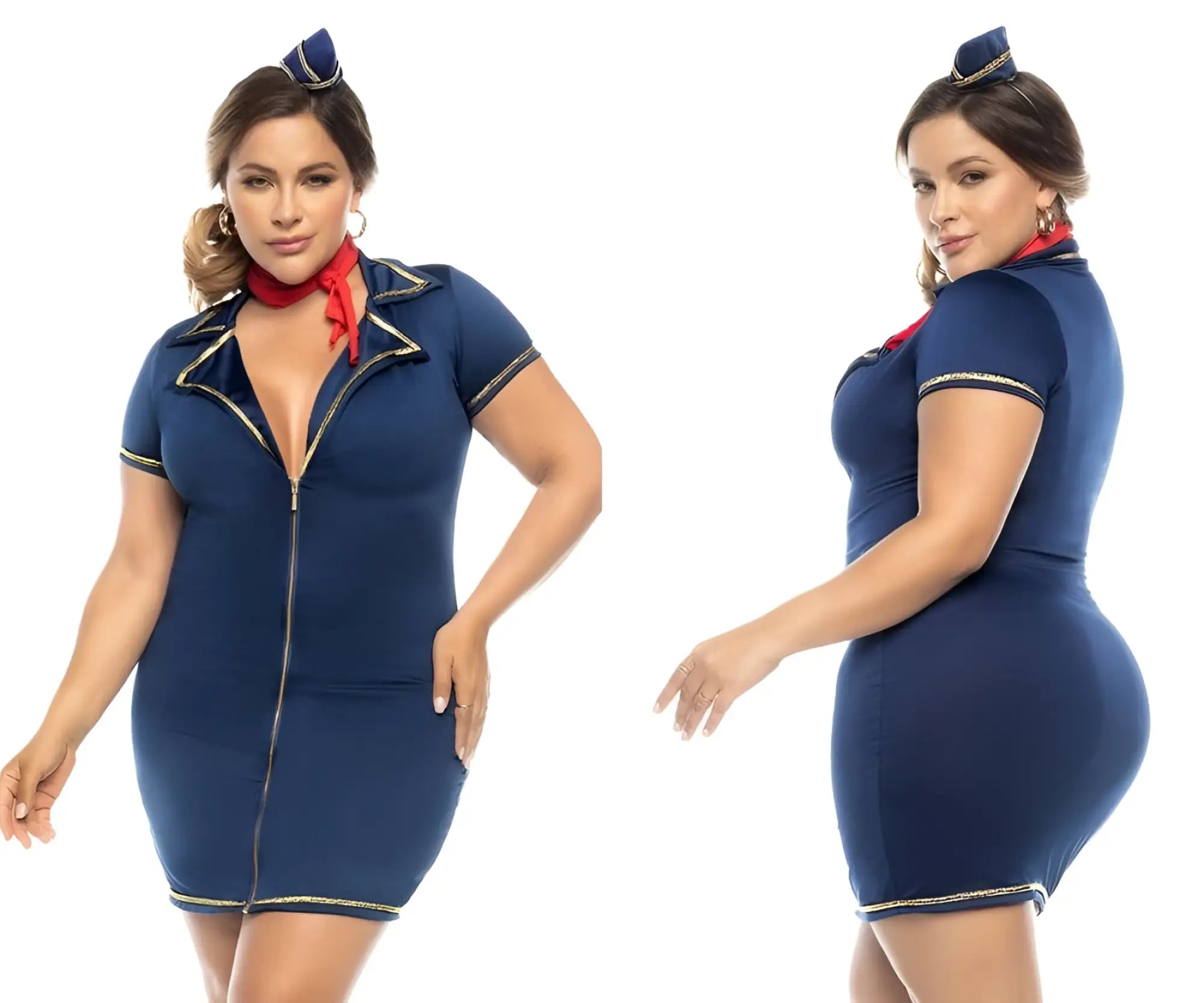 Navy blue form-fitting flight attendant costume with gold trim and red scarf from mapale 60022x drunk on a plane collection