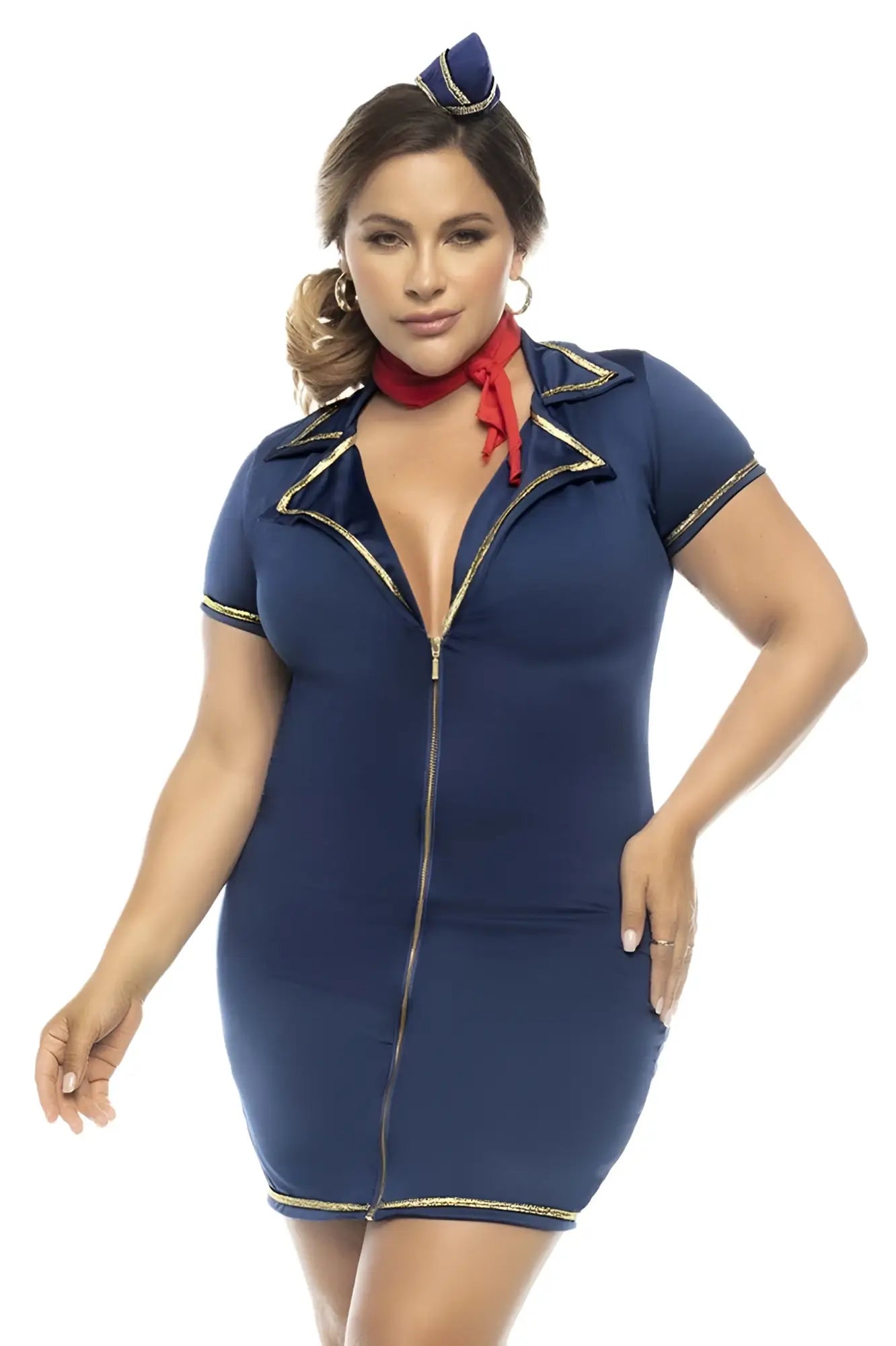 Navy blue short-sleeved flight attendant dress with gold trim and front zipper from mapale 60022x drunk on a plane costume