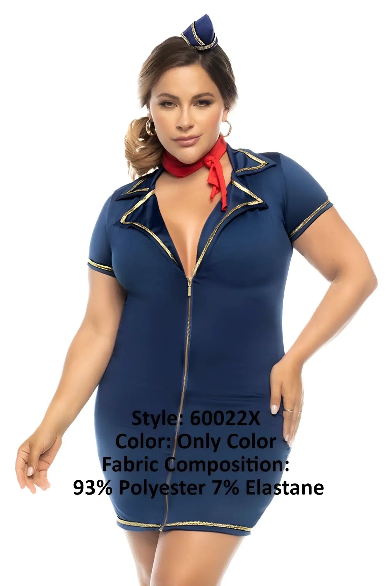 Navy blue short-sleeved flight attendant dress with gold trim and red neck scarf by mapale 60022x drunk on a plane costume