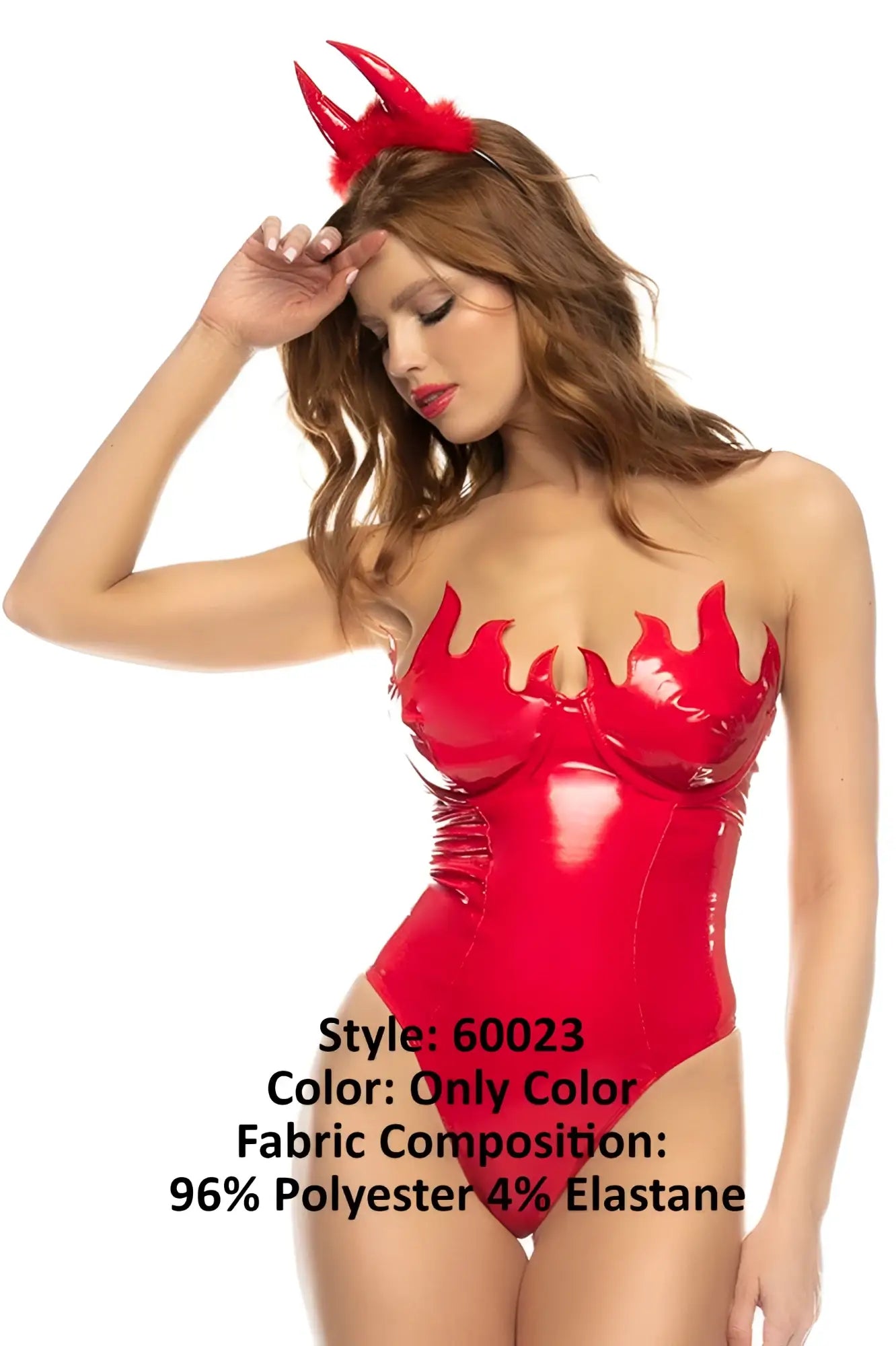 Red glossy latex devilicious costume one-piece with flame detailing and matching red feathered horns by mapale