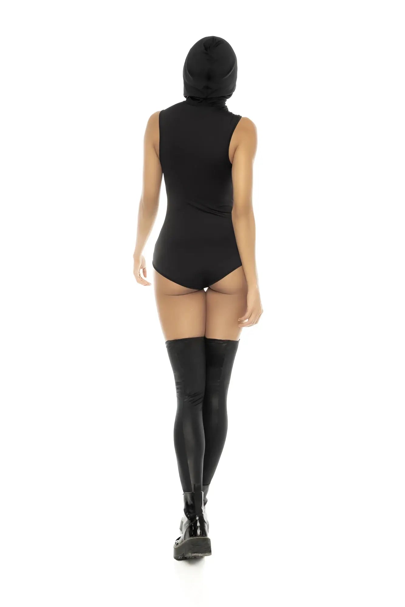 Black hooded one-piece bodysuit with sleek form-fitting design and shiny black thigh-high stockings in mapale ghost rider color