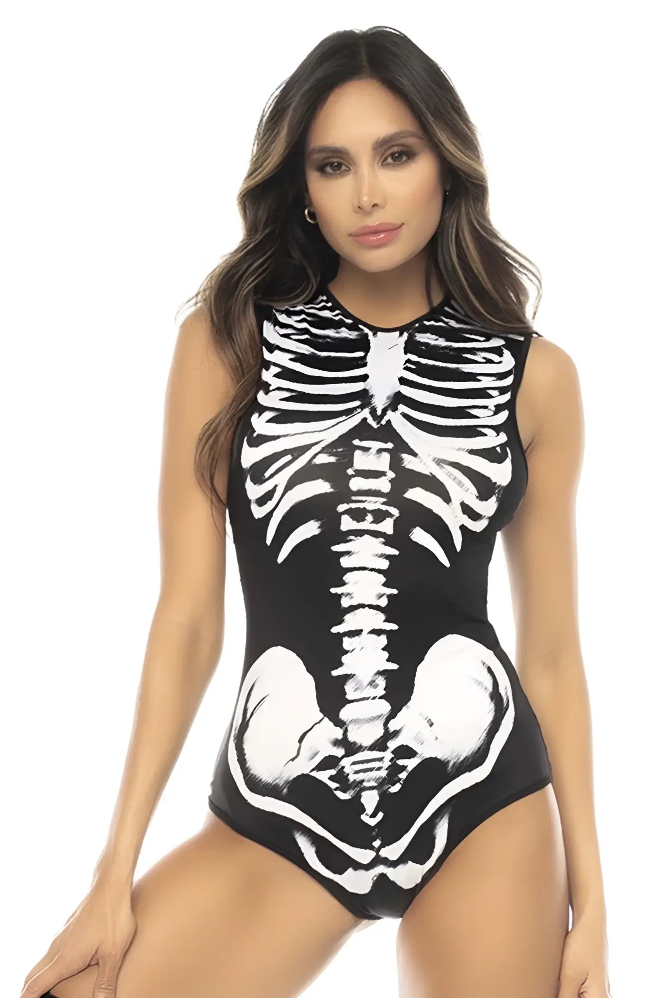 Black one-piece swimsuit with white skeletal ribcage and pelvic bone design Mapale 60025 Ghost Rider costume color only
