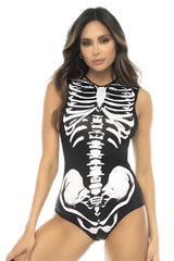 Black one-piece swimsuit with white skeletal ribcage and pelvic bone design Mapale 60025 Ghost Rider costume color only
