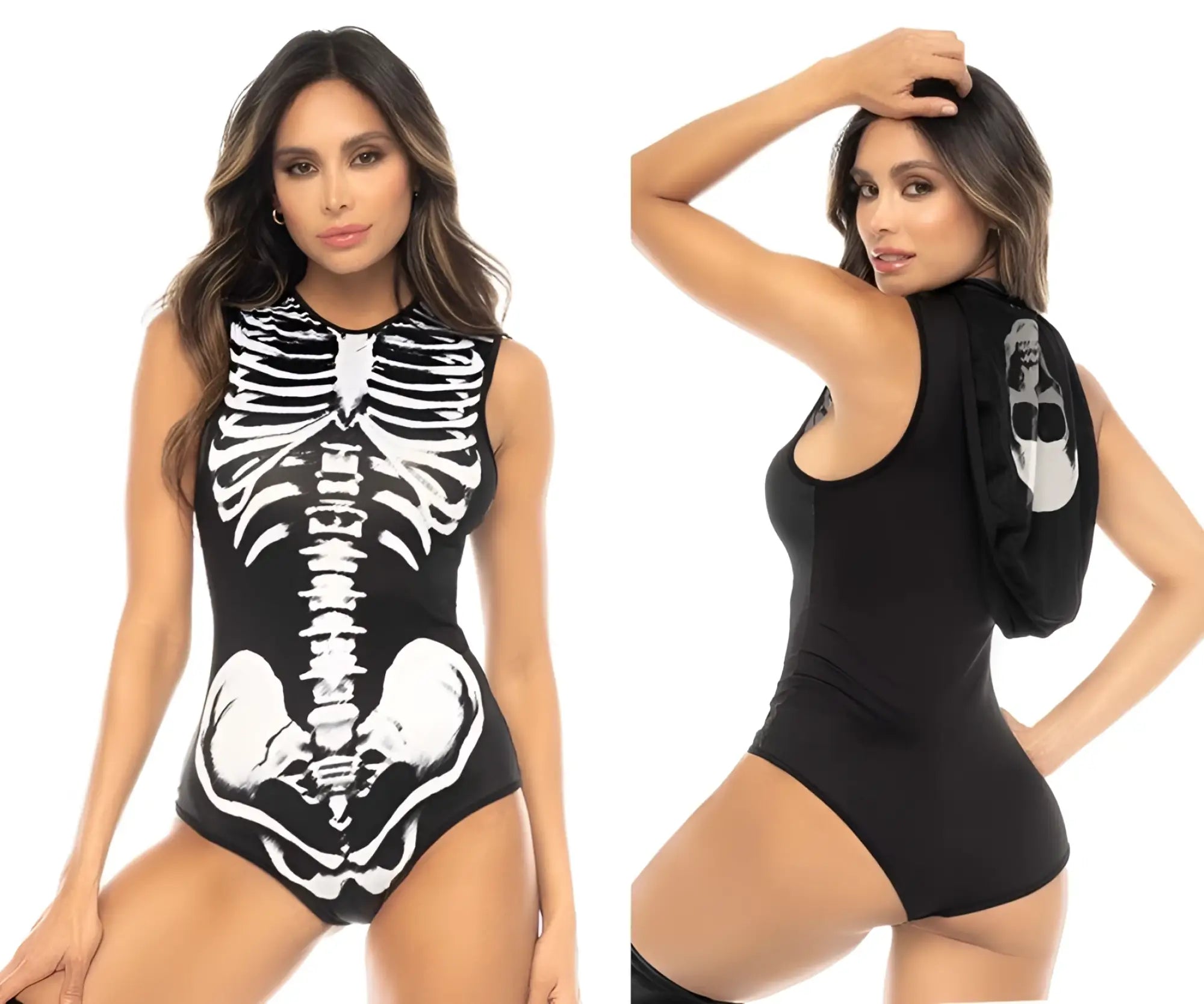 Black skeleton-themed mapale 60025 ghost rider one-piece swimsuit with white ribcage design high neckline backless cut