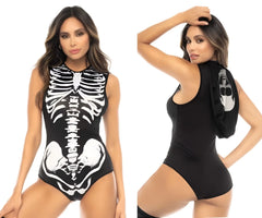 Black skeleton-themed mapale 60025 ghost rider one-piece swimsuit with white ribcage design high neckline backless cut