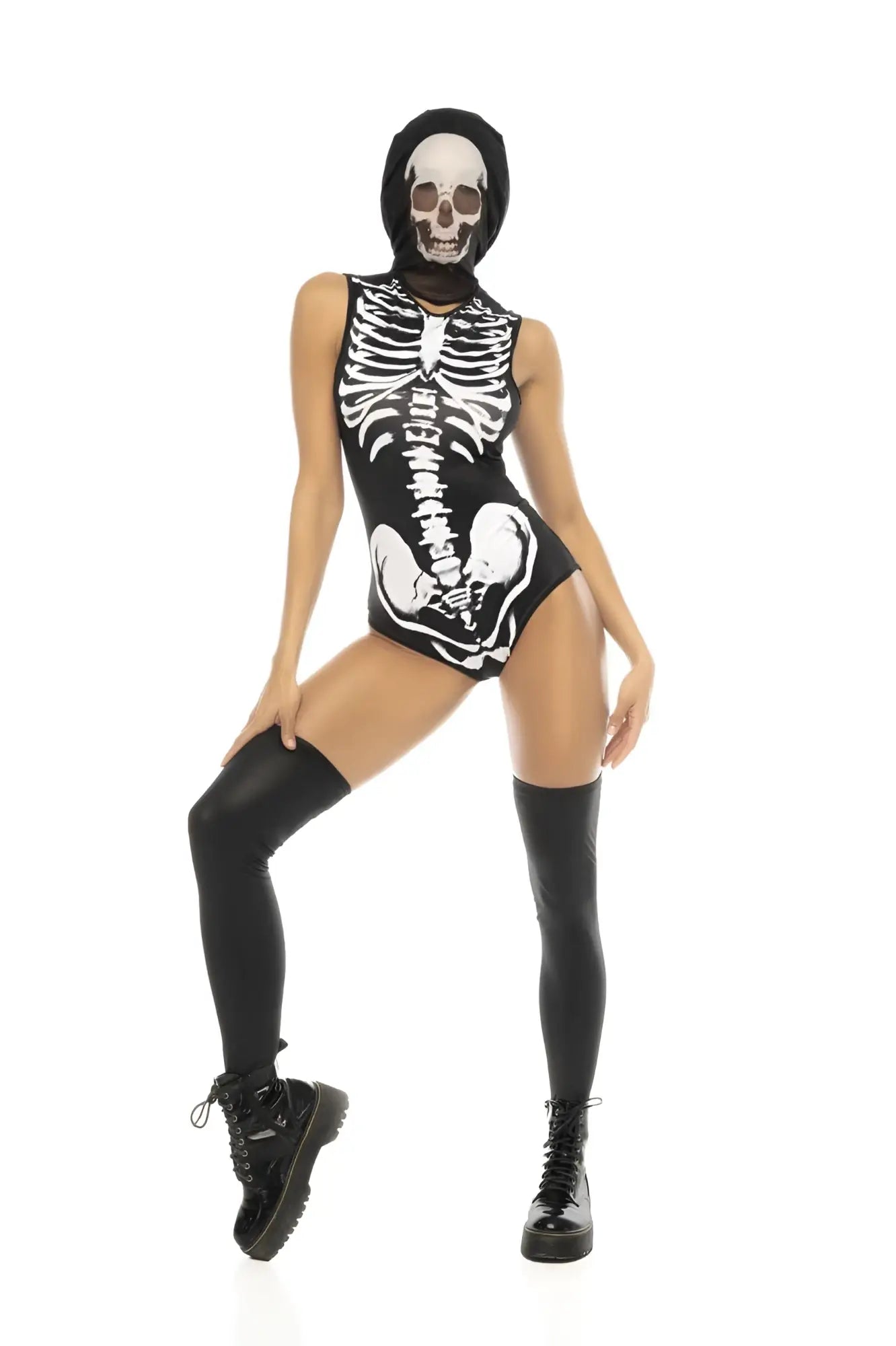 Black and white skeleton-themed one-piece costume with hood by Mapale 60025 for ghost rider look