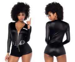 Black shiny faux leather police-themed bodysuit with front zipper and silver handcuffs by Mapale 60035 sultry swat officer