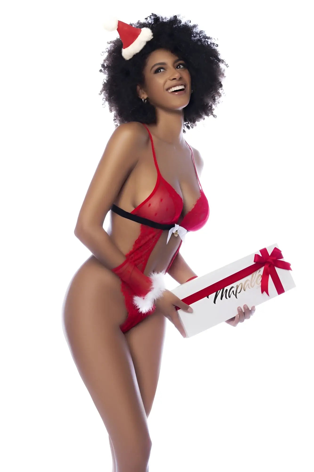 Red and black sheer lingerie set with white fur trim from Mapale 60039 Mrs Claus color as shown