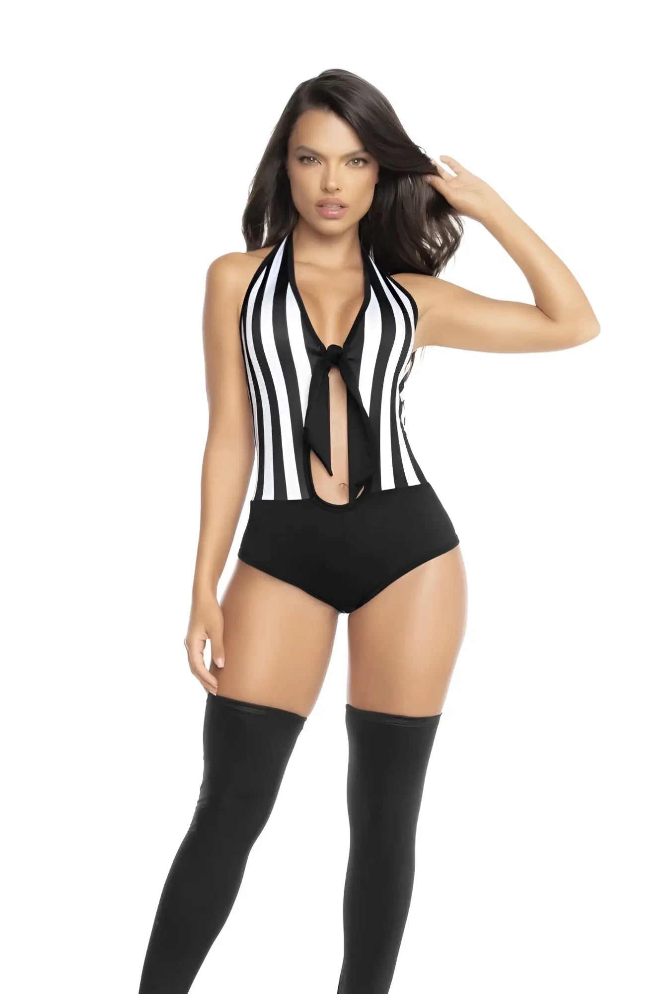 Black and white striped halter neck one-piece swimsuit with tied bow neckline by mapale 60040 referee color as shown