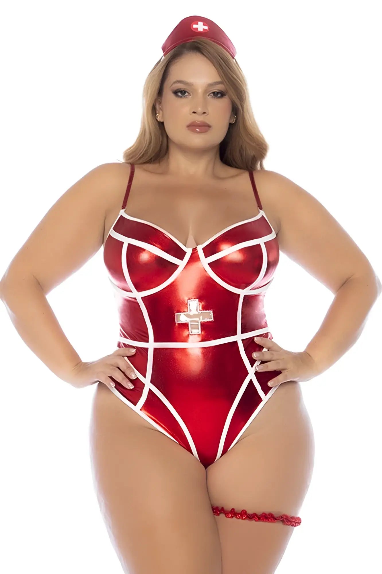Red metallic one-piece nurse costume with white trim and silver cross emblem from Mapale 60041X collection