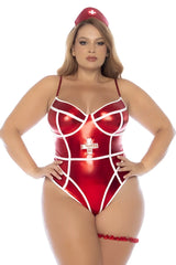 Red metallic one-piece nurse costume with white trim and silver cross emblem from Mapale 60041X collection