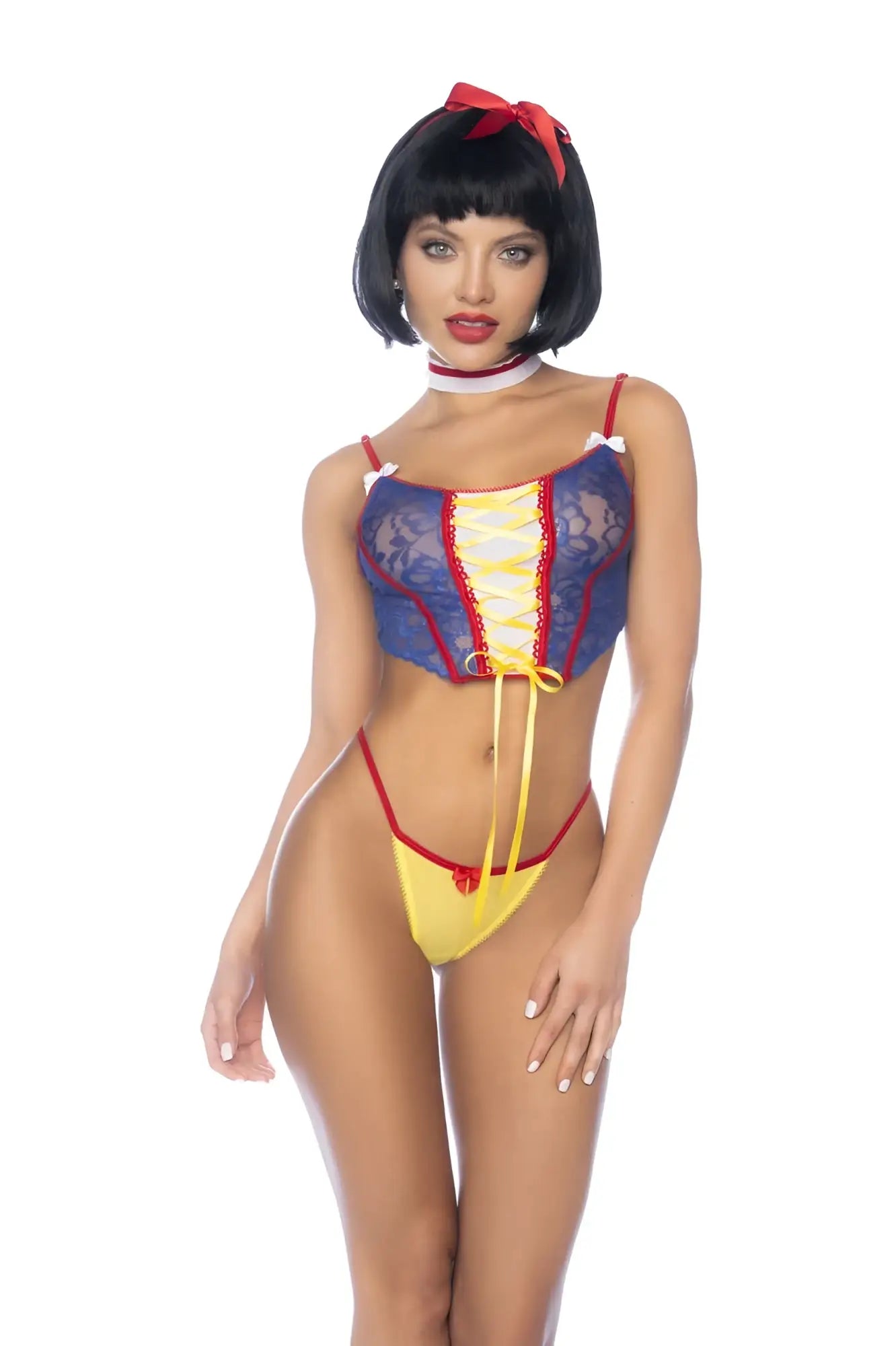 Mapale 60049 lace snow white princess costume in blue yellow with red accents for fantasy and dress up events
