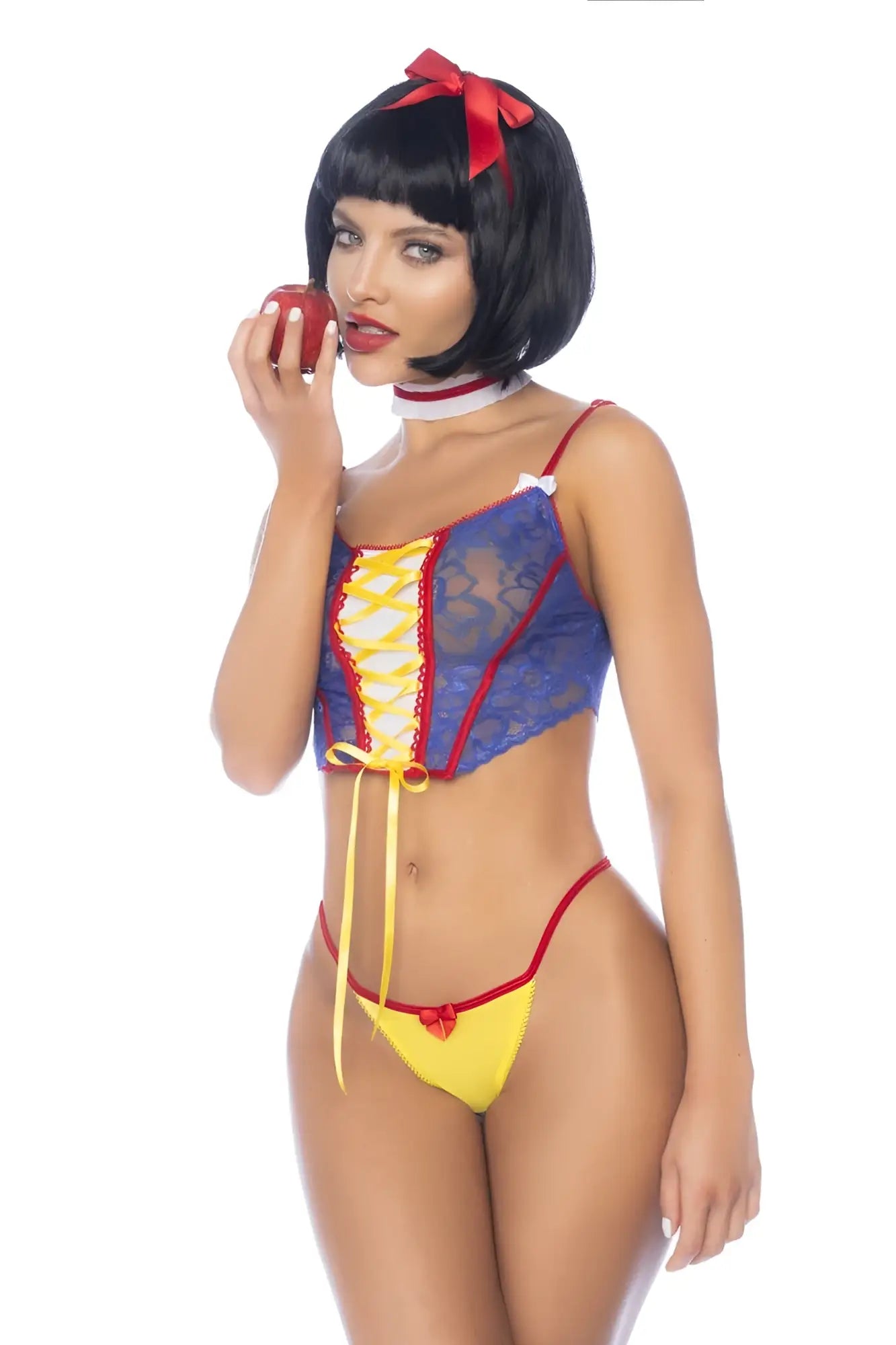 Blue and yellow lace corset top with red trim and matching thong in mapale poisoned apple fantasy princess costume