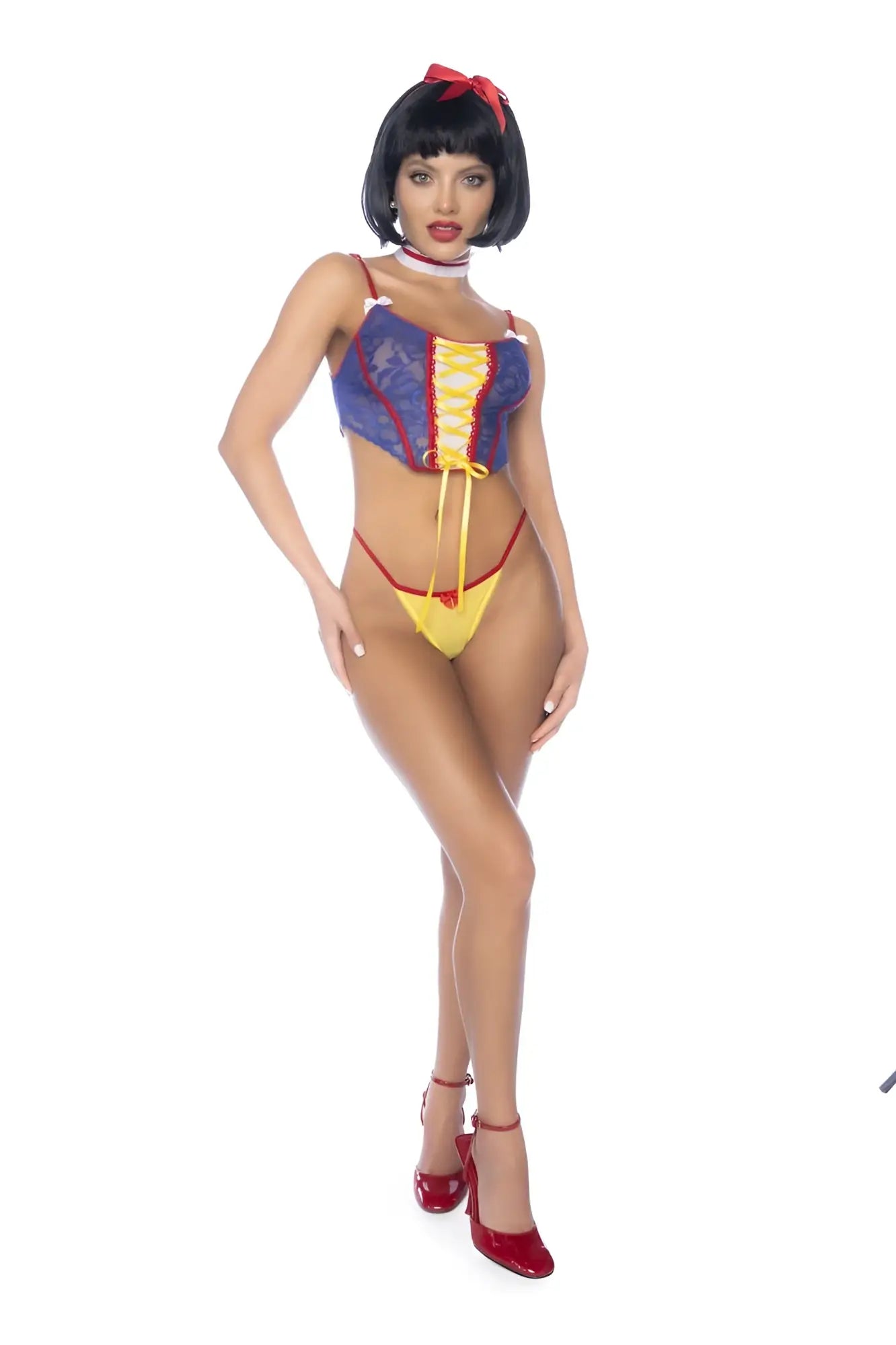 Mapale 60049 costume poisoned apple fantasy princess with blue and yellow lace corset top and red lacing with matching high-waisted bottoms