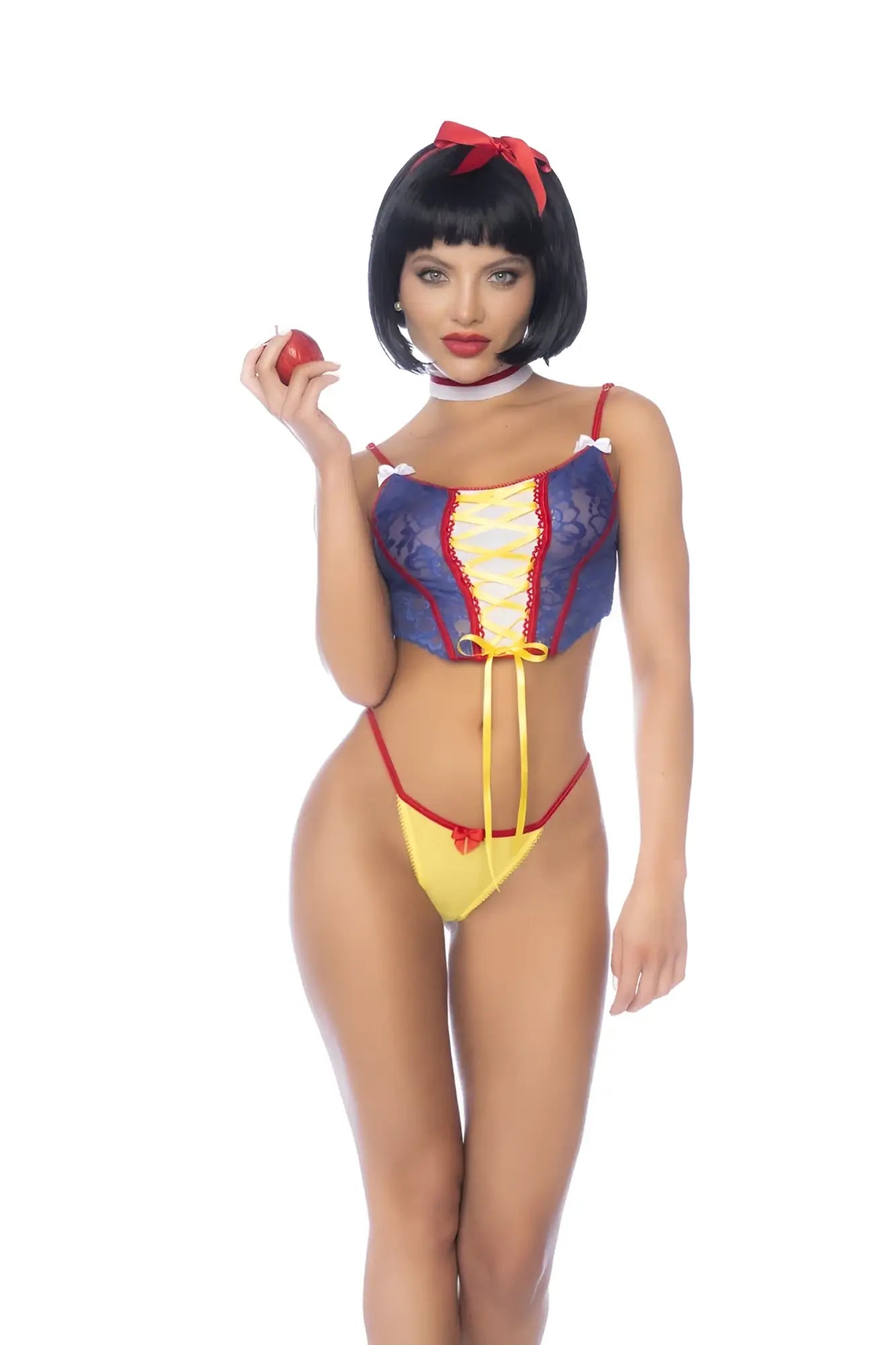 Snow white costume mapale 60049 featuring blue lace corset with yellow lacing red trim and yellow bikini bottoms with red straps