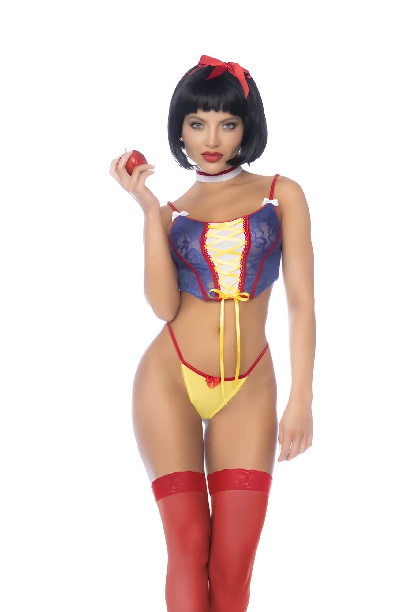 Snow white costume featuring a blue lace corset with yellow lacing red trim and matching thigh-high stockings by mapale
