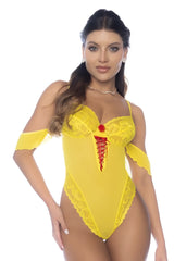 Yellow lace bodysuit with red lacing and floral accent at center front mapale 60051 mademoiselle fantasy princess