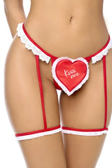 Red and white lace trimmed heart shaped garter belt with kiss me embroidery from mapale 60054 two piece set