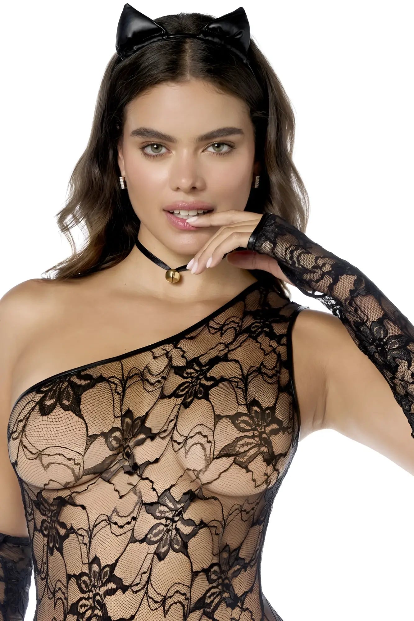Black lace one-shoulder bodysuit with floral pattern and long gloves from Mapale 60062 cat girl color as shown