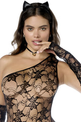 Black lace one-shoulder bodysuit with floral pattern and long gloves from Mapale 60062 cat girl color as shown