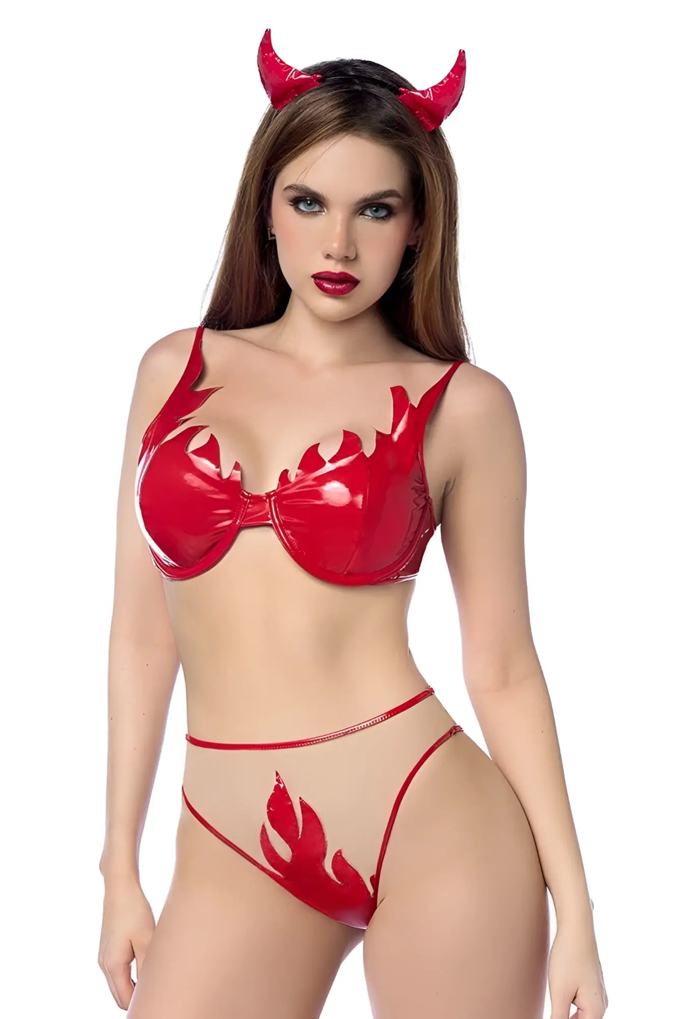 Red glossy latex devil costume set with flame cutouts and matching red horns by mapale 60063 devil color as shown
