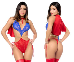Mapale 60064 super girl lace lingerie set in blue and red with gold belt detail for superhero-themed look