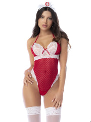 Red and white lace nurse-themed bodysuit with mesh panels by Mapale 60070 for costume use