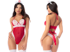 Red and white Mapale 60070 nurse costume lingerie set with lace trim mesh fabric and matching headpiece