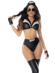 Black faux leather police costume set by Mapale featuring halter top and high-waisted bottoms with police patches